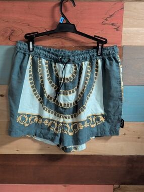 Men's Teal and Gold Pattern Swim Trunks with Drawcord